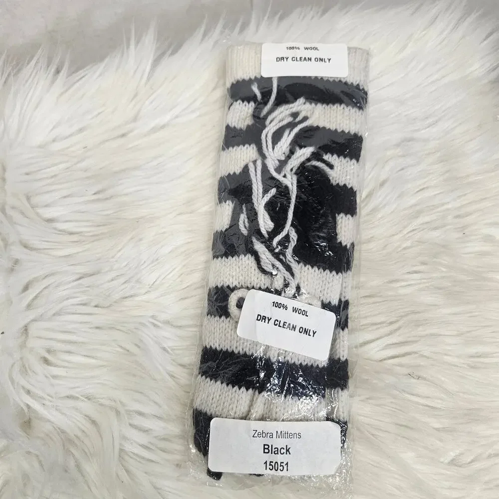 dELiA*s Vintage Wool Zebra Mittens Black White Striped Knit Gloves Girls/Women
